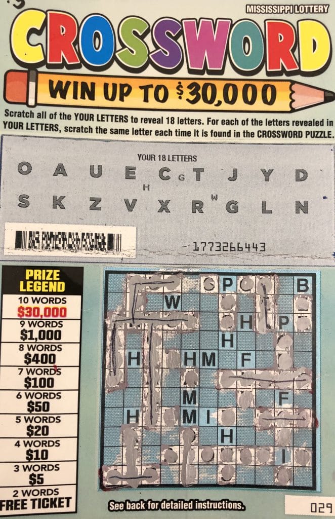 An Ecru woman won $1,000 from a Crossword scratch-off game purchased at Devasya Enterprises on Hwy. 15 S., New Albany.