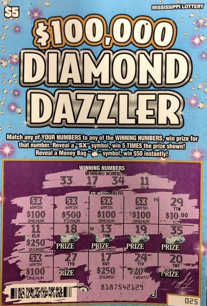 A Florence man won $5,000 from a $100k Diamond Dazzler scratch-off game purchased at Raceway on Airport Rd. S., Pearl.