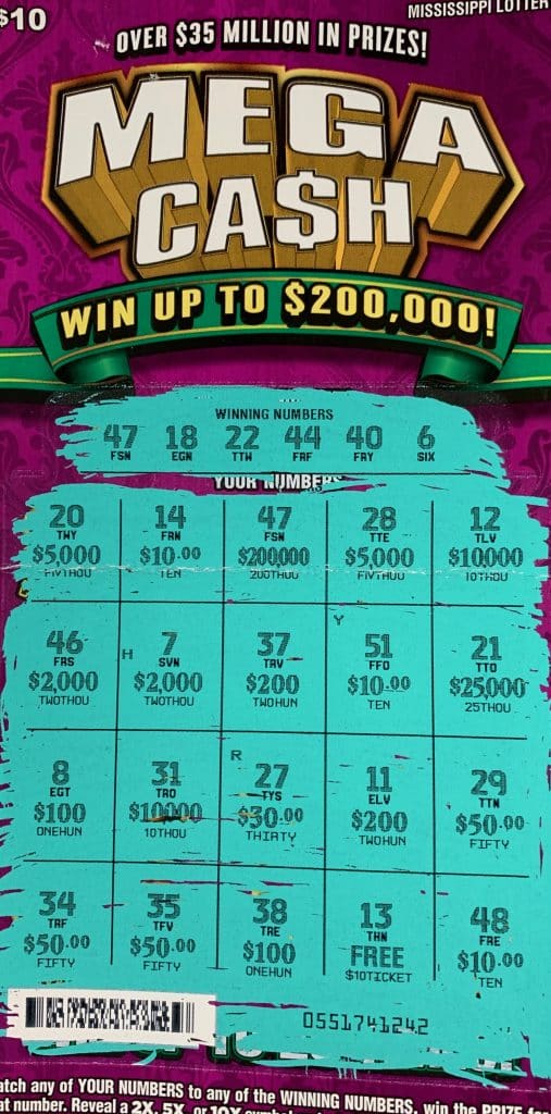 A Franklin County woman won $200,000 on a Mega Ca$h scratch-off game purchased at Breakpoint Bude on Hwy. 184, Bude.