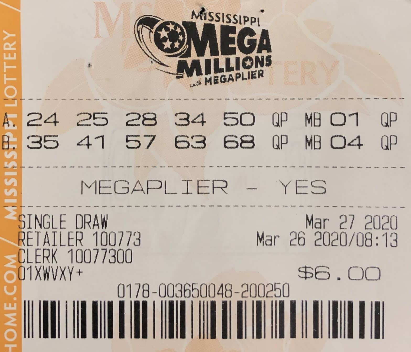 An Olive Branch player won $800 on a Mega Millions ticket purchased from Olive Branch Express Inc on Highway 178, Olive Branch.