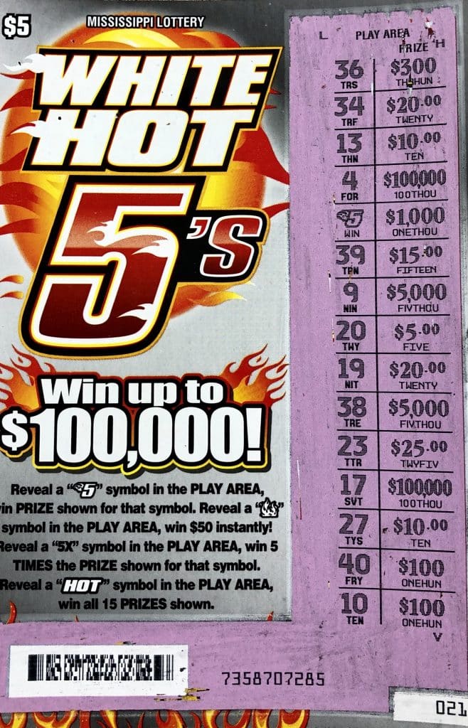 A Columbus player won $1,000 on a White Hot 5s scratch-off game purchased from 45 Express Mart INC on HWY 45 N., Columbus.