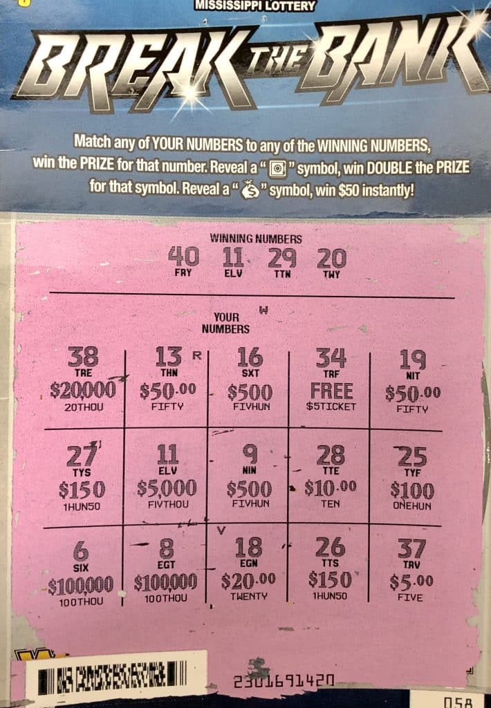 A Hattiesburg man won $5,000 on a Break the Bank scratch-off game purchased at FU5 on Hardy St., Hattiesburg.