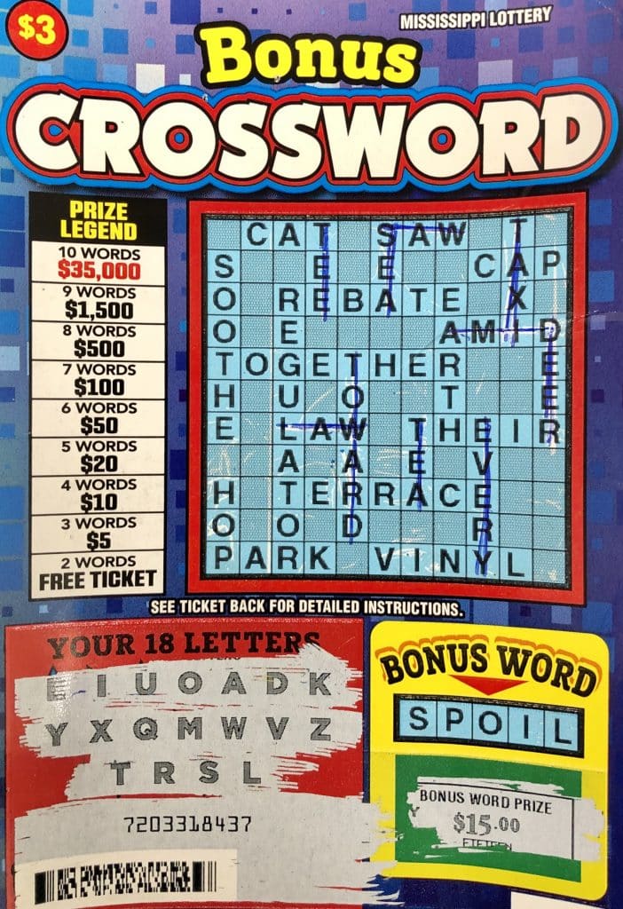 A Laurel man won $35,000 on a Bonus Crossword scratch-off game purchased at Sprint Mart on Hwy. 45 Alternate N., West Point.