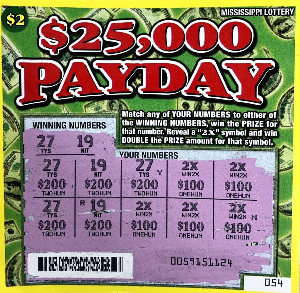 A Pascagoula man won $2,000 on a $25,000 Payday scratch-off game purchased from Jerry Lee's Grocery #1 on Ingalls Ave., Pascagoula.