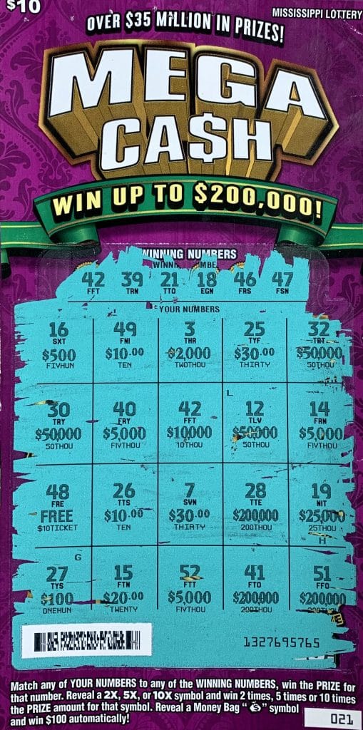 A Lowndes County man won $10,000 on a Mega Ca$h scratch-off game purchased from Murphy Oil on HWY 45 S., West Point.