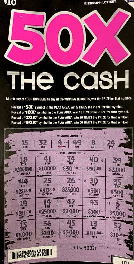 A Tupelo player won $1,000 on a 50X THE CASH scratch-off game purchased from J’s Mart on W. Main St., Tupelo.