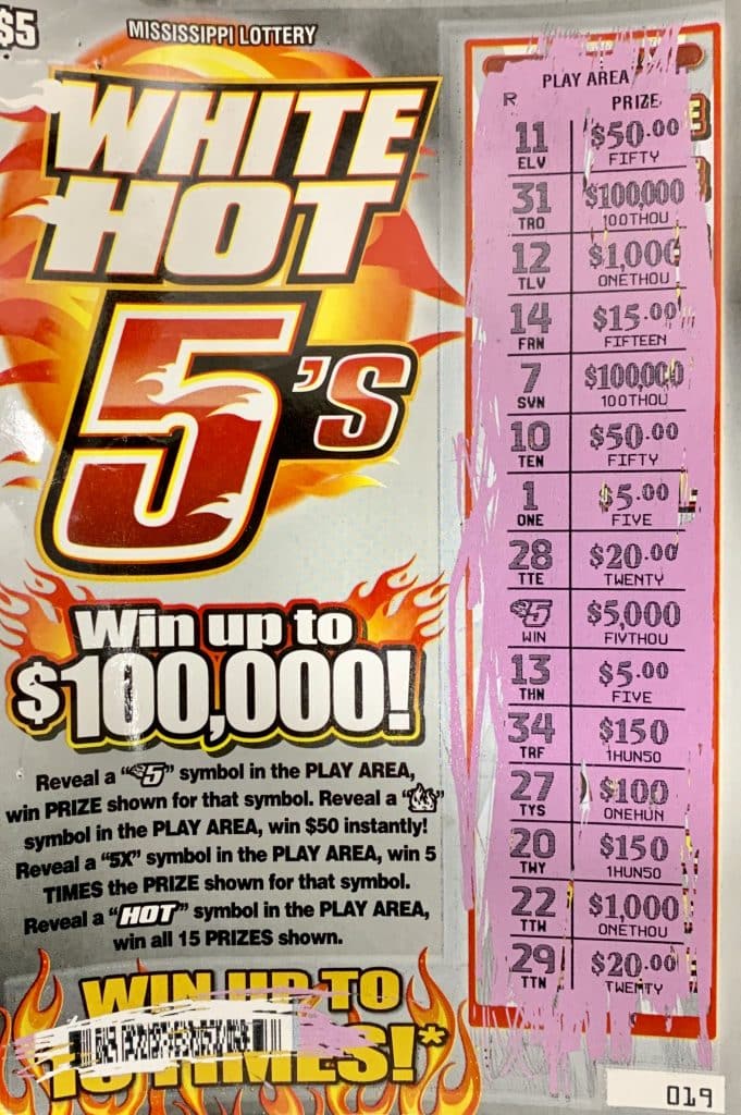 A Byram woman won $5,000 on a White Hot 5s scratch-off game purchased at Five Star Food & Fuel on US 80 E., Pearl.