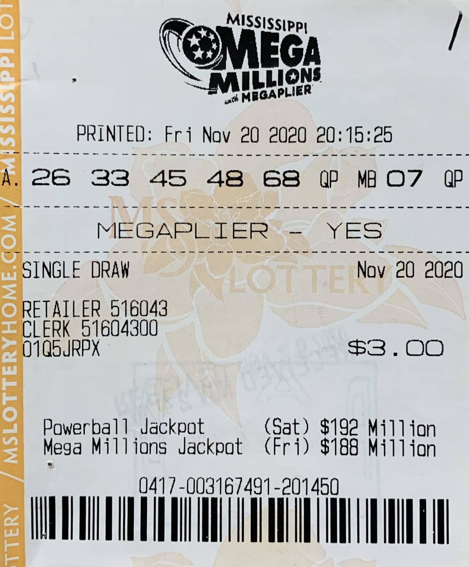 A Pascagoula woman won $1,500 on a Mega Millions ticket purchased from Murphy Oil Denny Ave., Pascagoula.