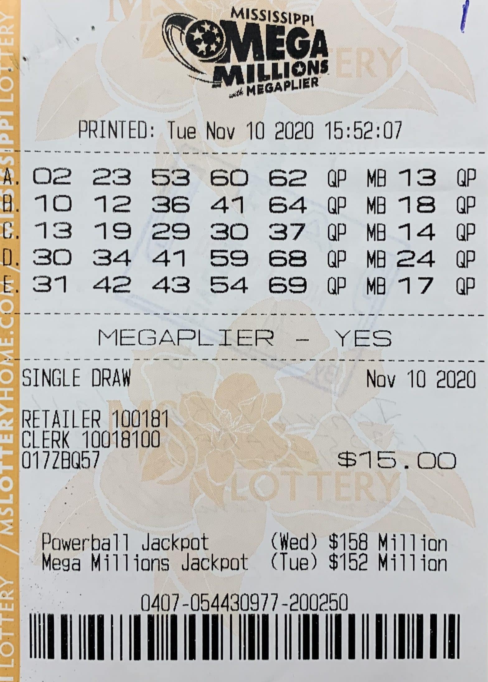 A Vancleave man won $1,000 on a Mega Millions ticket purchased from Qwik Mart on Old Spanish Tr. Rd., Ocean Springs.