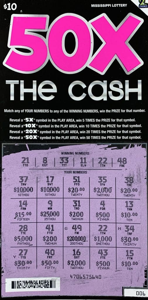 A Mobile, Ala., woman won $1,000 on a 50X the Cash scratch-off game purchased from Circle K on HWY 63, Moss Point.