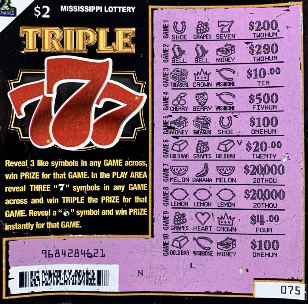 A Hattiesburg player won $20,000 on a Triple 777 scratch-off game purchased from Dandy Dan’s #512 on US Hwy. 49, Hattiesburg.