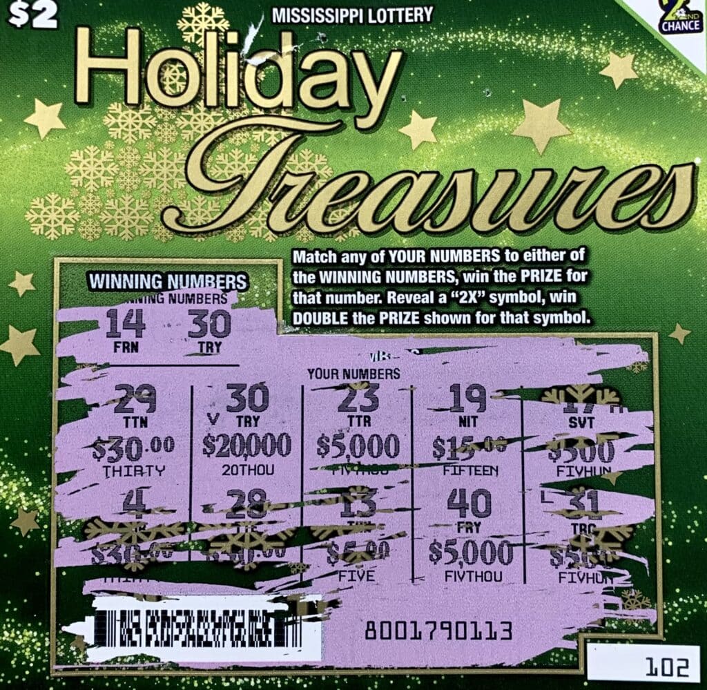 A Madison woman won $20,000 on a Holiday Treasures scratch-off game purchased from Hoy Road Chevron on HWY 51, Madison.