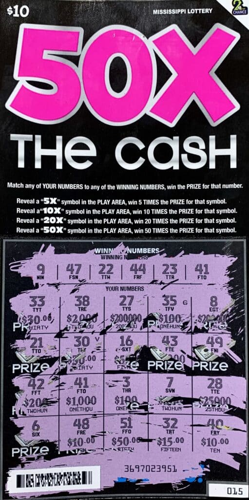 An Oxford man won $1,000 on a 50x the Cash scratch-off game purchased from Water Valley Gasmart on Frostland Dr., Water Valley.