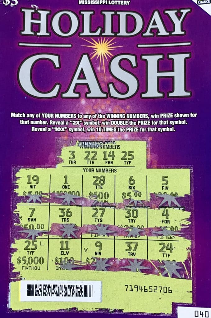 A Pascagoula player won $5,000 on a Holiday Cash scratch-off game purchased from Murphy Oil on Denny Ave., Pascagoula.