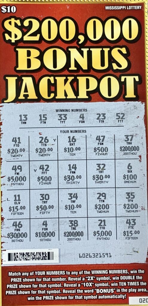 A Jackson player won $10,000 on a $200,000 Bonus Jackpot scratch-off game purchased from Fast Fill #5 LLC on Briarwood Dr., Jackson.