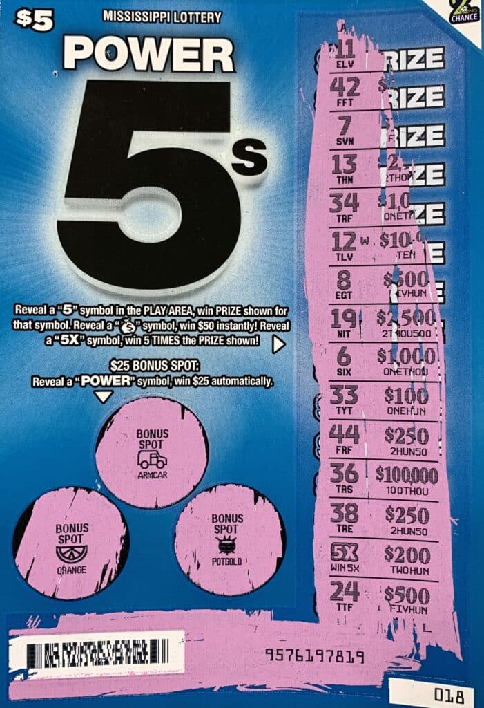 A Jackson man won $1,000 on a Power 5s scratch-off game purchased from Westhaven Shopette on Westhaven Blvd., Jackson.