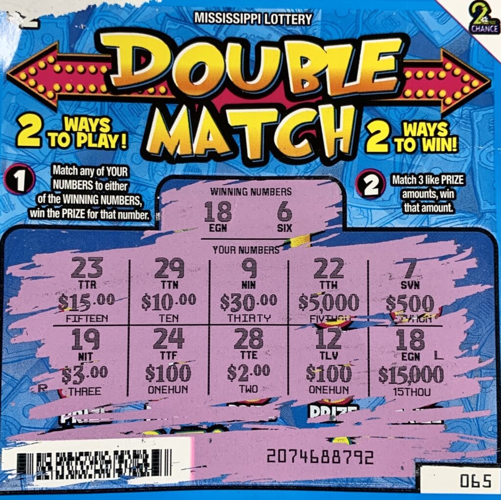 A Meridian man won $15,000 on a Double Match scratch-off game purchased at Toomsuba Sunoco on Will Garrett Rd., Toomsuba.