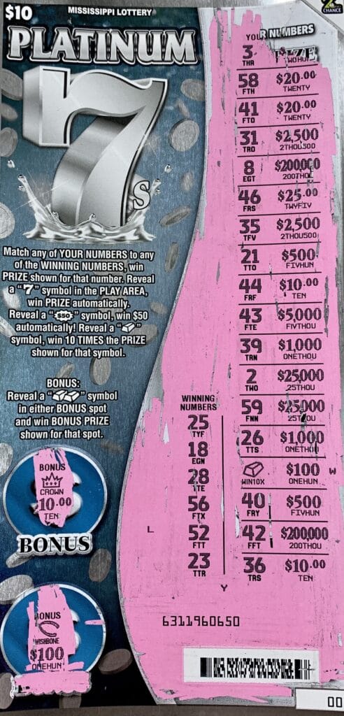 A Clarksdale woman won $1,000 on a Platinum 7s scratch-off game purchased from Double Quick #102 on W. 2nd St., Clarksdale.