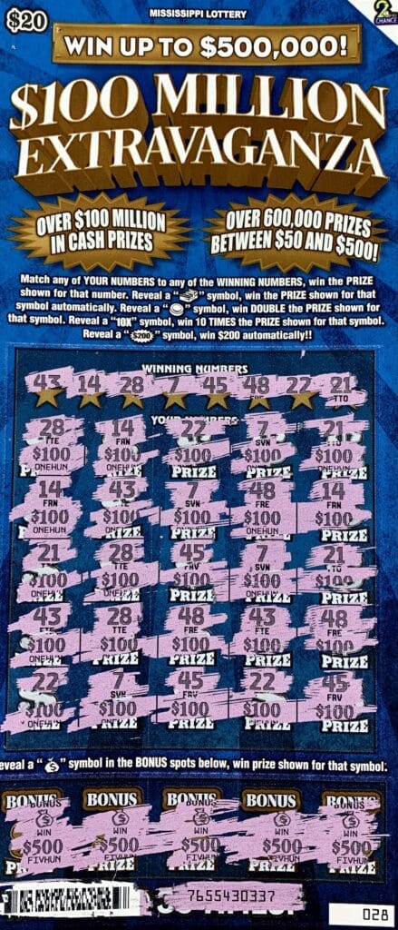 A Clinton man won $5,000 on a $100 Million Extravaganza scratch-off game purchased from Bluesky Store #602 on I-55 N., Byram.