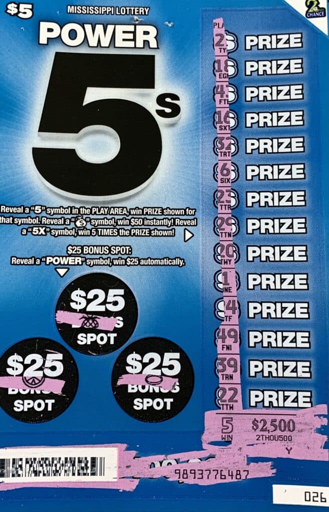 A Columbus woman won $2,500 on a Power 5s scratch-off game purchased from 82 Country on Hwy. 182 E., Columbus.