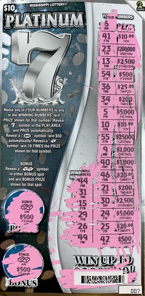 A Corinth player won $1,000 on a Platinum 7s scratch-off game purchased from Circle K on Hwy. 72 E., Corinth.