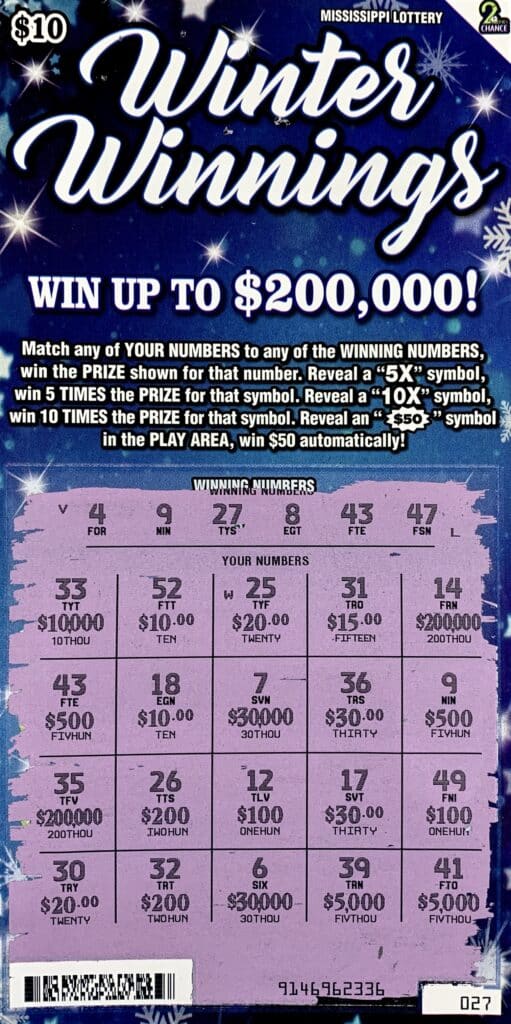 A Hazlehurst man won $1,000 on a Winter Winnings scratch-off game purchased from Brando’s Discount Tobacco & Beverage Inc. on Hwy. 51, Crystal Springs.