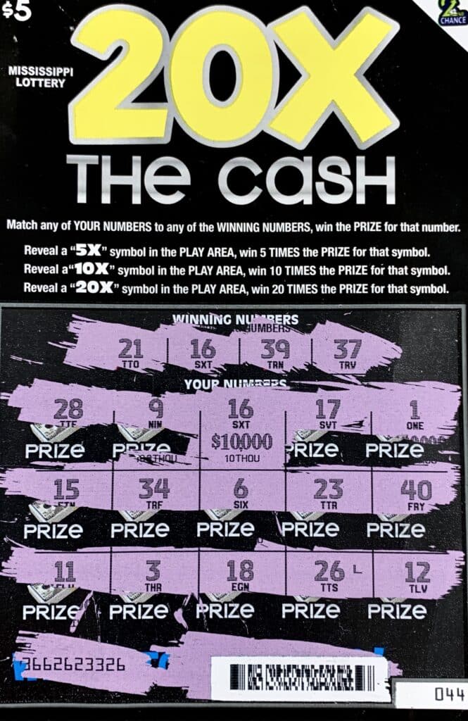 A Jackson man won $10,000 on a 20x the Cash scratch-off game purchased from Bob’s LLC on Bullard St., Jackson.