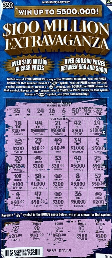 A Jackson woman won $2,000 on a $100 Million Extravaganza scratch-off game purchased from U.S. Food Mart on Hwy. 18 W., Raymond.