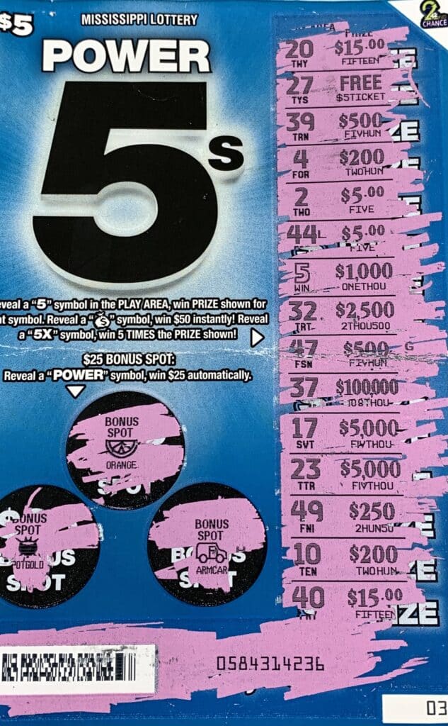 A Jackson woman won $1,000 on a Power 5s scratch-off game purchased from T and A Food and Gas Inc. on University Blvd., Jackson.