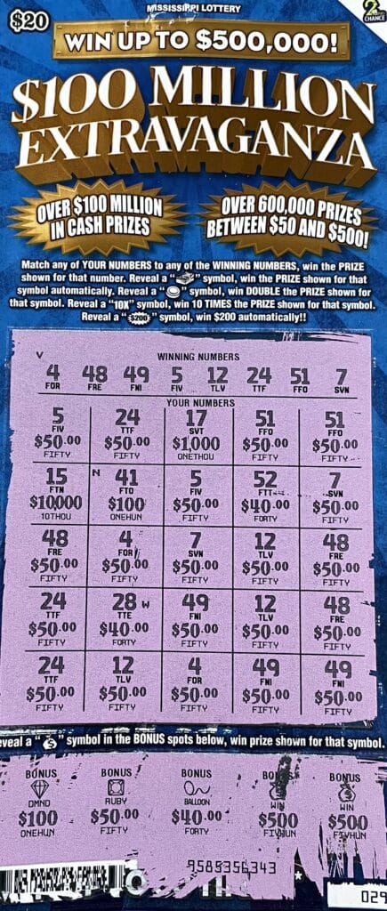 A Mendenhall man won $2,000 on a $100 Million Extravaganza scratch-off game purchased at Tobacco Market #5 on Simpson Hwy. 149, Mendenhall.