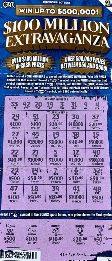 A Panola County player won $2,000 on a $100 Million Extravaganza scratch-off game purchased from Como Tobacco and Beer Discount Inc. on Hwy. 51, Como.