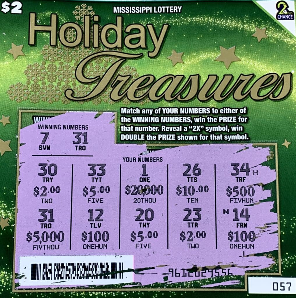 A Starkville player won $5,000 on a Holiday Treasures scratch-off game purchased from Sprint Mart #4125 on S. Montgomery St., Starkville.