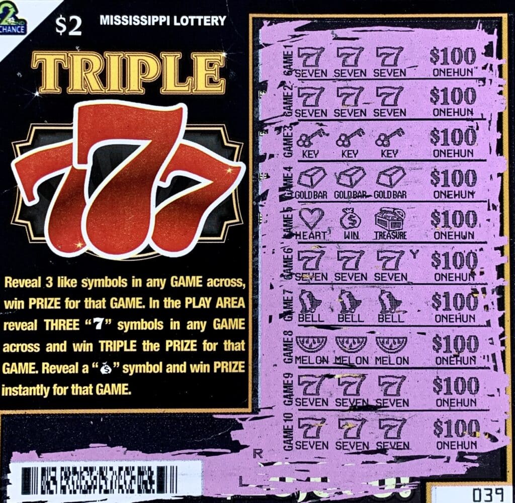 A Tupelo player won $2,000 on a Triple 777 scratch-off game purchased from Dodge Store #6701 on E. Main St., Tupelo.