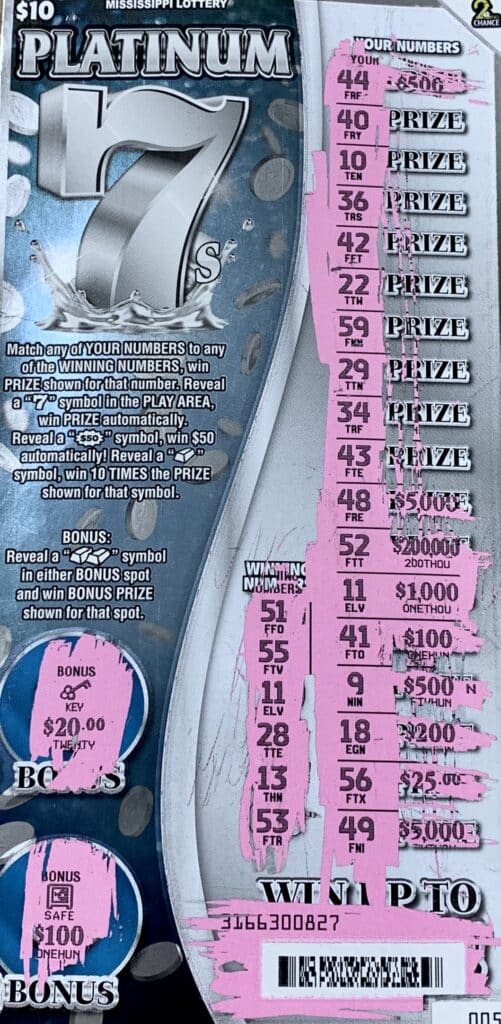 A Union County man won $1,000 on a Platinum 7s scratch-off game purchased from M and M Deli LLC on Hwy. 30 W., New Albany.