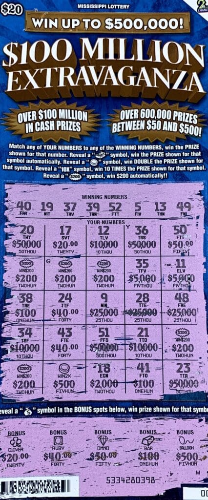 A Vicksburg woman won $2,000 on a $100 Million Extravaganza scratch-off game purchased from MK Mart on Fisher Ferry Rd., Vicksburg.