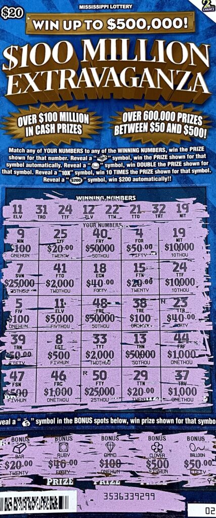 A Baldwyn man won $25,000 on a $100 Million Extravaganza scratch-off game purchased from Pratts Foodmart LLC on Hwy. 370, Baldwyn.