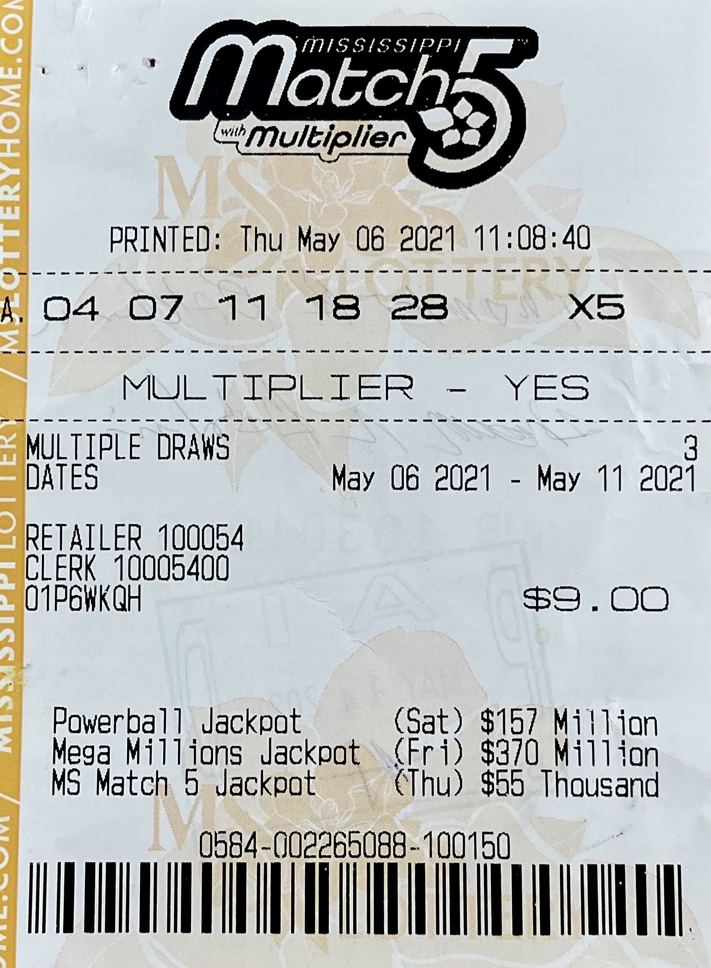 A Brandon man won $1,000 on a Mississippi Match 5 ticket purchased from A & D Brandon LLC on Hwy. 43 N., Brandon.