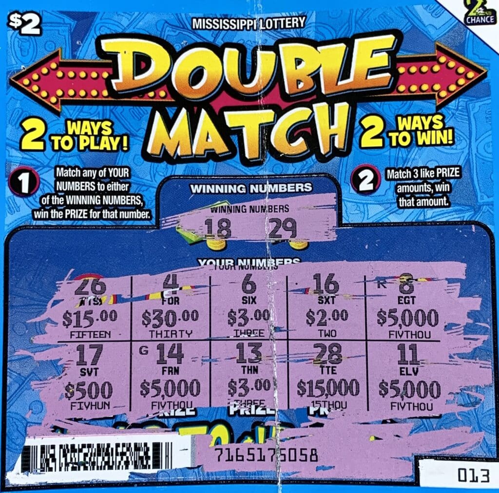 A Calhoun County woman won $5,000 on a Double Match scratch-off game purchased from Calhoun Discount Tobacco LLC on Public Square, Calhoun City.