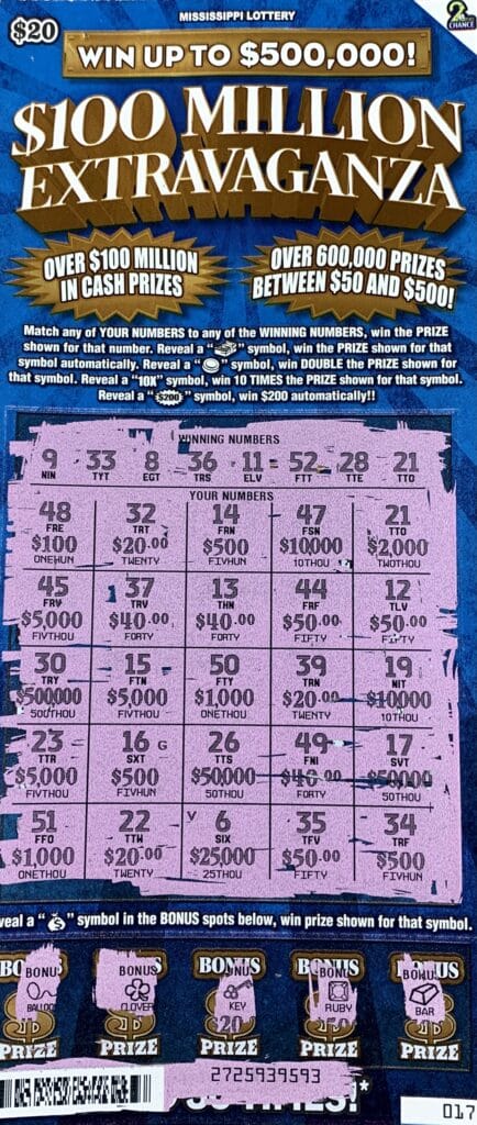 A Grenada man won $2,000 on a $100 Million Extravaganza scratch-off game purchased from Shell Gas and Mart on Rebecca St., Mathiston.