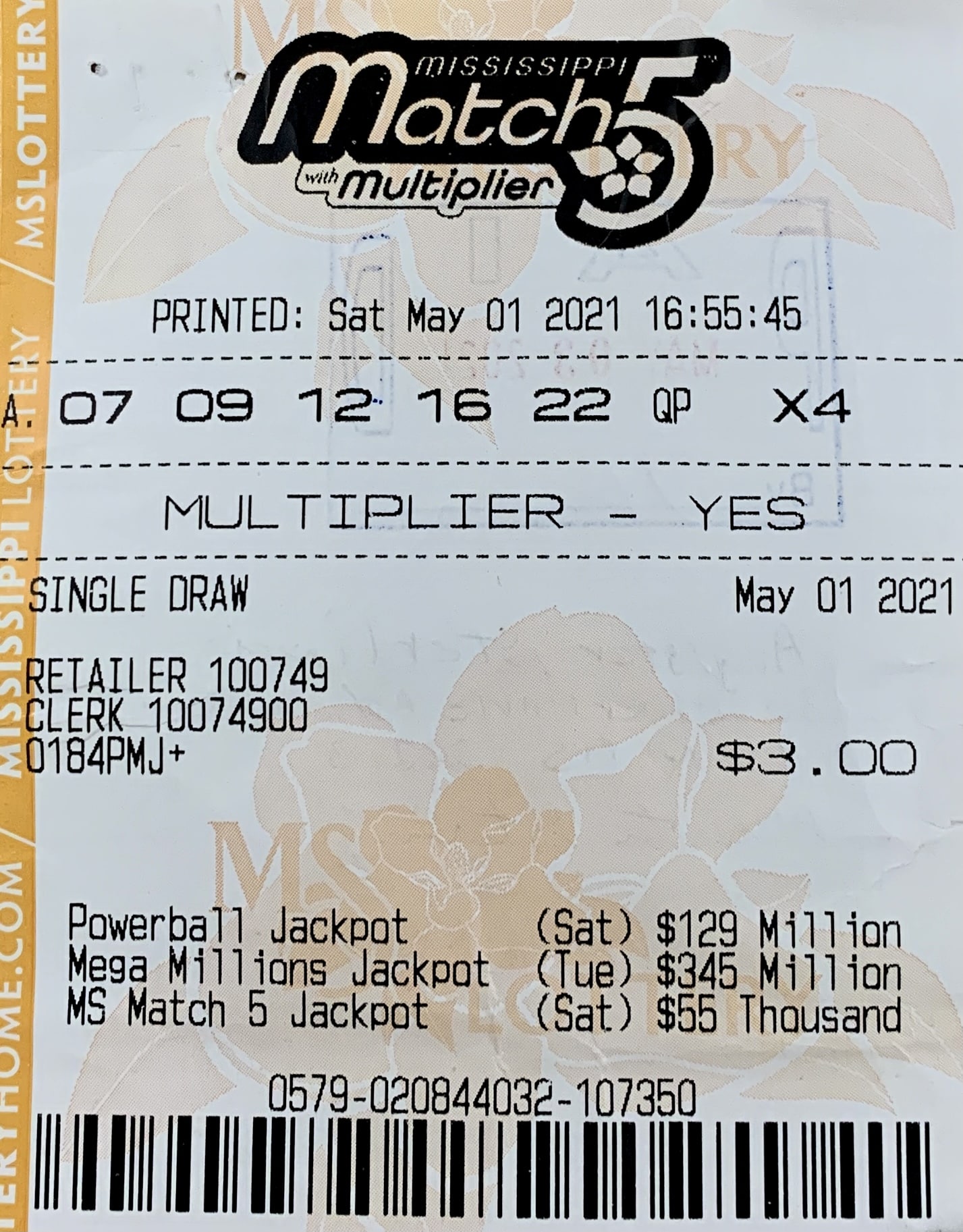 A Jackson player won $800 on a Mississippi Match 5 ticket purchased from Smith’s Superette on W. Ridgeway St., Jackson.