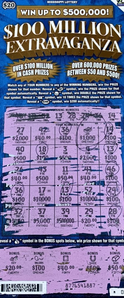 A Jackson woman won $2,000 on a $100 Million Extravaganza scratch-off game purchased from Hwy 51 Chevron on Hwy. 51, Ridgeland.