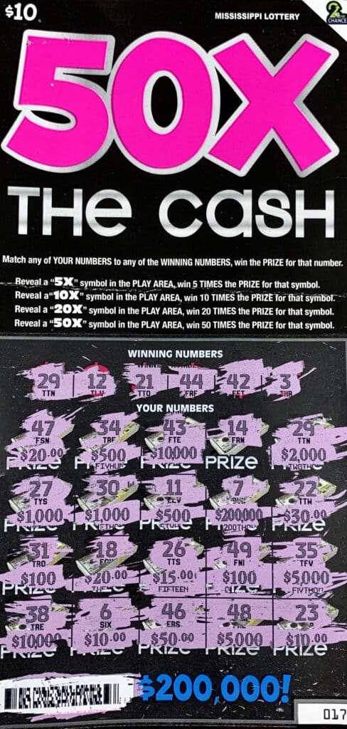 A Lucedale man won $2,000 on a 50x the Cash scratch-off game purchased from LL Quick Mart on Hwy. 63 S., Lucedale.