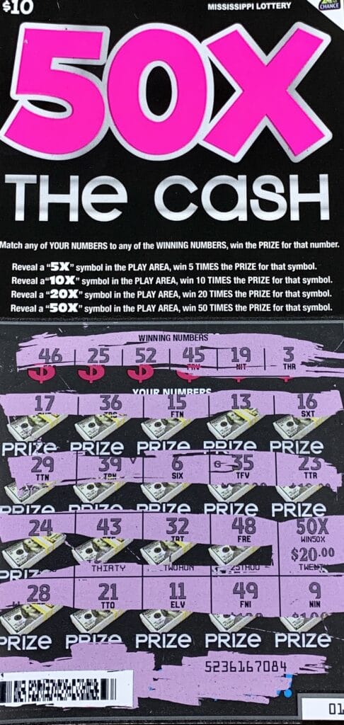 A Meridian woman won $1,000 on a 50x the Cash scratch-off game purchased from 39 Citgo on Hwy. 39 N., Meridian.