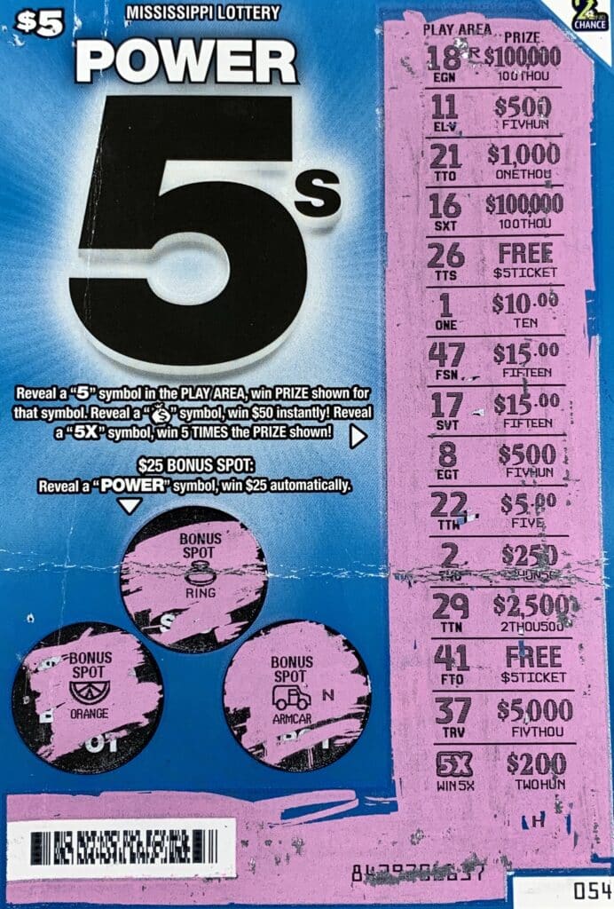 A Hamilton, Ala., man won $1,000 on a Power 5s scratch-off game purchased at Sprint Mart #9 on South Adams Hwy. 25, Fulton.