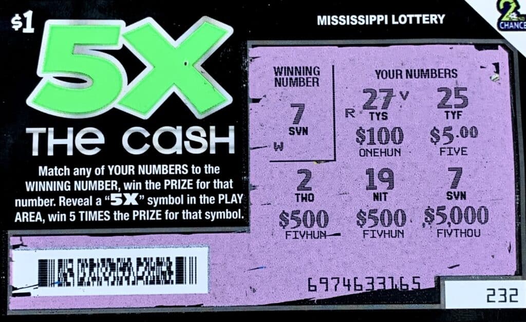 A Woodville player won $5,000 on a 5x the Cash scratch-off game purchased from Sprint Mart #70 on Hwy. 61 S., Woodville.