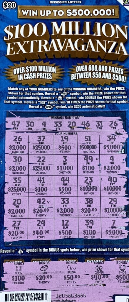 A Gautier man won $10,000 on a $100 Million Extravaganza scratch-off game purchased from Singing Grocery INC on Martin Bluff Rd., Gautier.