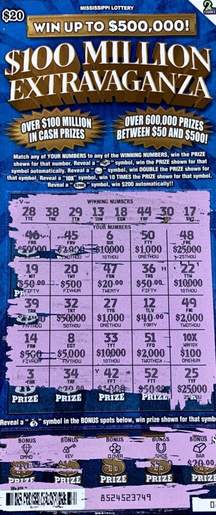 A Biloxi woman won $1,000 on a $100 Million Extravaganza scratch-off game purchased at Island View Casino Resort on W. Beach Blvd., Gulfport.