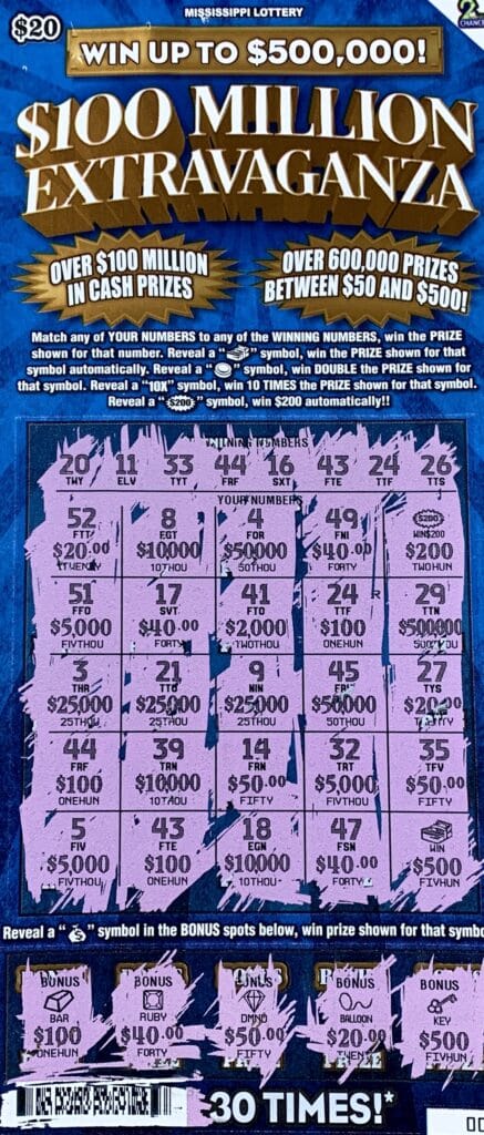 A Senatobia man won $1,000 on a $100 Million Extravaganza scratch-off game purchased at R&D Foods Inc. on Hwy. 49, Hattiesburg.