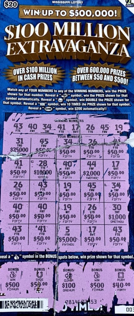 A Tylertown woman won $2,000 on a $100 Million Extravaganza scratch-off game purchased from Darbun General Store on Hwy. 586, Foxworth.