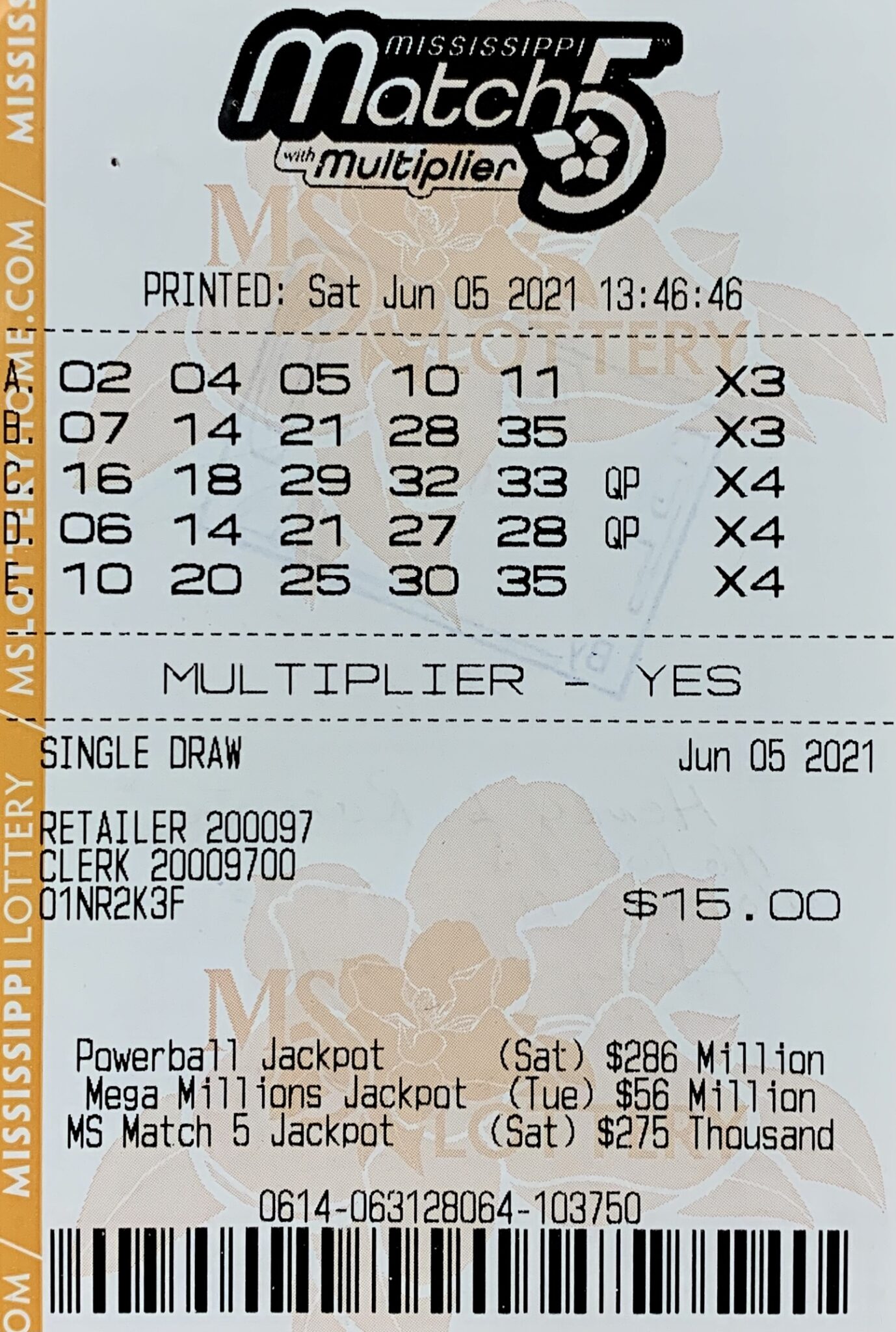 A Florence man won $800 on a Mississippi Match 5 ticket purchased from Polks Crossgates Discount Drugs Inc. #2 on 49 Pl., Florence.